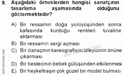 9. soru: Aşağıdaki örneklerden hangisi sanatçının tasarlama aşamasında olduğunu göstermektedir? A) Bir ressamın doğa yürüyüşün…