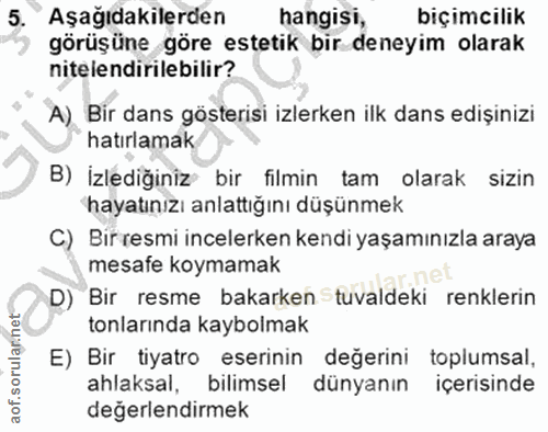 5. soru: Aşağıdakilerden hangisi, biçimcilik görüşüne göre estetik bir deneyim olarak nitelendirilebilir? A) Bir dans gösteris…
