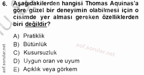 6. soru: Aşağıdakilerden hangisi Thomas Aquinas'a göre güzel bir deneyimin olabilmesi için o cisimde yer alması gereken özelli…
