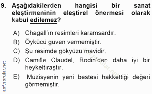 9. soru: Aşağıdakilerden hangisi bir sanat eleştirmeninin eleştirel önermesi olarak kabul edilemez? A) Chagall'ın resimleri ka…