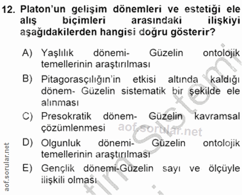 12. soru: Platon'un gelişim dönemleri ve estetiği ele alış biçimleri arasındaki ilişkiyi aşağıdakilerden hangisi doğru gösterir…