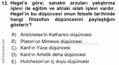13. soru: Hegel'e göre; sanatın arzuları yatıştırma işlevi ile eğitim ve ahlaki ıslah işlevi vardır. Hegel'in bu düşüncesi onun…
