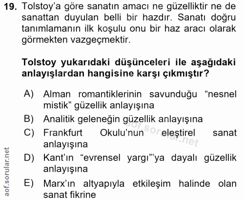 19. soru: Tolstoy'a göre sanatın amacı ne güzelliktir ne de sanattan duyulan belli bir hazdır. Sanatı doğru tanımlamanın ilk ko…