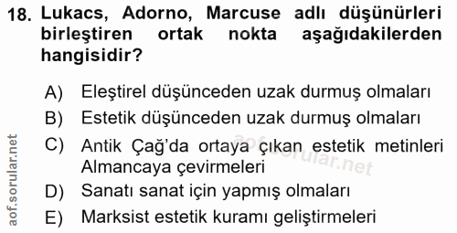 18. soru: Lukacs, Adorno, Marcuse adlı düşünürleri birleştiren ortak nokta aşağıdakilerden hangisidir? A) Eleştirel düşünceden…