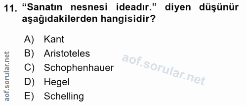 11. soru: "Sanatın nesnesi ideadır." diyen düşünür aşağıdakilerden hangisidir? A) Kant B) Aristoteles C) Schophenhauer D) Hegel…