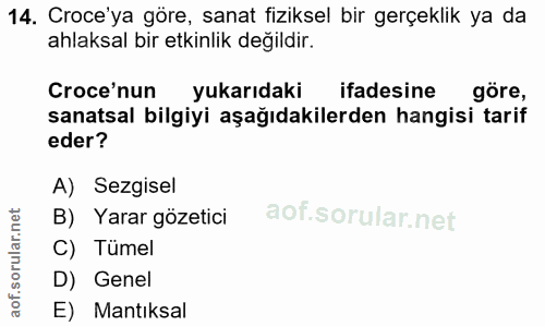 14. soru: Croce'ya göre, sanat fiziksel bir gerçeklik ya da ahlaksal bir etkinlik değildir. Croce'nun yukarıdaki ifadesine gore…