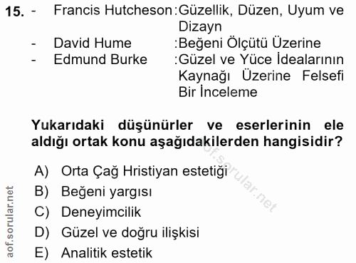 15. soru: - Francis Hutcheson :Güzellik, Düzen, Uyum ve Dizayn - David Hume :Beğeni Ölçütü Üzerine - Edmund Burke :Güzel ve Yüc…