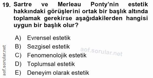 19. soru: Sartre ve Merleau Ponty'nin estetik hakkındaki görüşlerini ortak bir başlık altında toplamak gerekirse aşağıdakilerde…