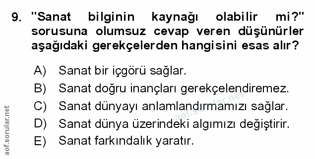 9. soru: "Sanat bilginin kaynağı olabilir mi?" sorusuna olumsuz cevap veren düşünürler aşağıdaki gerekçelerden hangisini esas…