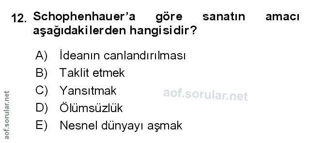 12. soru: Schophenhauer'a gore sanatın amacı aşağıdakilerden hangisidir? A) Ideanın canlandırılması B) Taklit etmek C) Yansıtma…