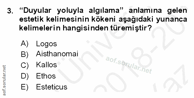 3. soru: "Duyular yoluyla algılama" anlamına gelen estetik kelimesinin kökeni aşağıdaki yunanca kelimelerin hangisinden türemi…