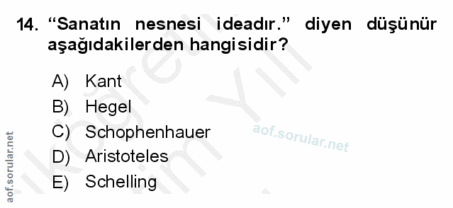 14. soru: "Sanatın nesnesi ideadır." diyen düşünür aşağıdakilerden hangisidir? A) Kant B) Hegel C) Schophenhauer D) Aristoteles…