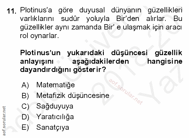 11. soru: Plotinus a göre duyusal dünyanın güzellikleri varlıklarını sudûr yoluyla Bir'den alırlar. Bu güzellikler aynı zamanda…
