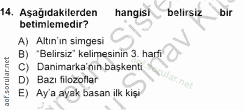 14. soru: Aşağıdakilerden hangisi belirsiz bir betimiemedir? A) Altın'ın simgesi B) "Belirsiz" kelimesinin 3. harfi C) Danimark…