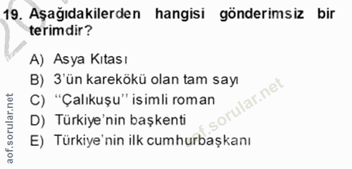 19. soru: Aşağıdakilerden hangisi gönderimsiz bir terimdir? A) Asya Kıtas ı B) 3'ün karekökü olan tam sayı lar.net C) "Çalıkuşu…