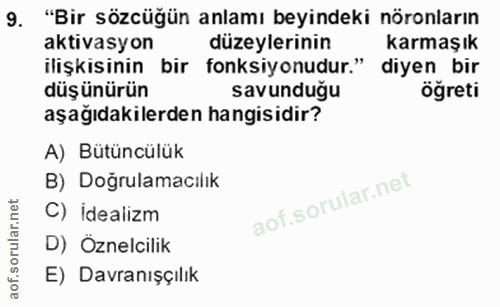 9. soru: "Bir sözcüğün anlamı beyindeki nöronların aktivasyon düzeylerinin karmaşık ilişkisinin bir fonksiyonudur." diyen bir…