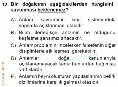 12. soru: Bir doğalının aşağıdakilerden hangisini savunması beklenemez? A) Anlam kavramının sinir sistemindeki yapılarla açıkla…
