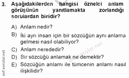 3. soru: Aşağıdakilerden hangisi öznelci anlam görüşünün yanıtlamakta zorlandığı sorulardan biridir? A) Anlam nedir? B) iki ay…