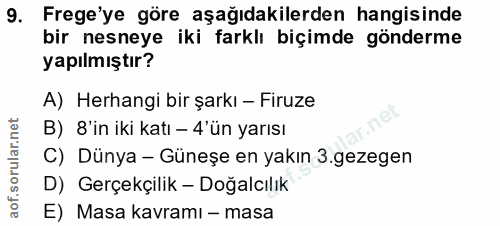 9. soru: Frege'ye göre aşağıdakilerden hangisinde bir nesneye iki farklı biçimde gönderme yapılmıştır? A) Herhangi bir şarkı -…