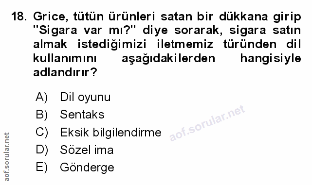 18. soru: Grice, tütün ürünleri satan bir dükkana girip "Sigara var mı?" diye sorarak, sigara satın almak istediğimizi iletmemi…