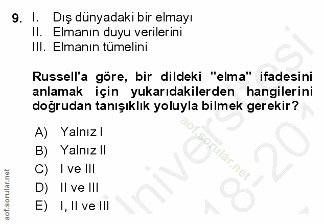 9. soru: I. Dış dünyadaki bir elmayı Il. Elmanın duyu verilerini IlI. Elmanın tumelini Russell'a göre, bir dildeki "elma" ifad…