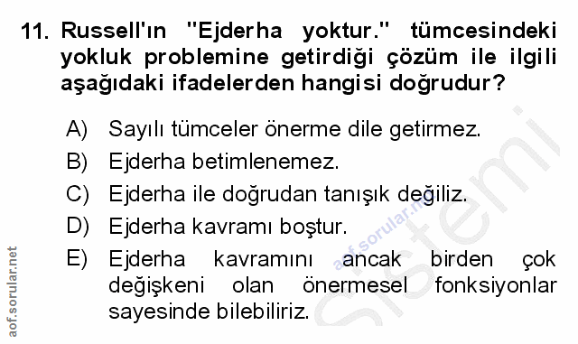 11. soru: Russell'ın "Ejderha yoktur." tümcesindeki yokluk problemine getirdiği çözüm ile ilgili aşağıdaki ifadelerden hangisi…