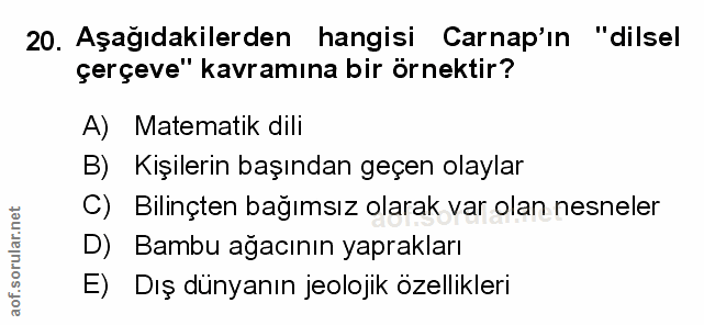 20. soru: Aşağıdakilerden hangisi Carnap'ın "dilsel çerçeve" kavramına bir örnektir? A) Matematik dili B) Kişilerin başından ge…