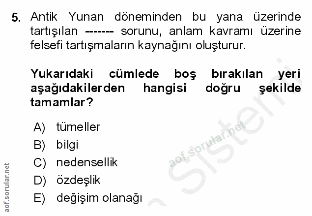 5. soru: Antik Yunan döneminden bu yana üzerinde tartışılan -- sorunu, anlam kavramı üzerine felsefi tartışmaların kaynağını o…