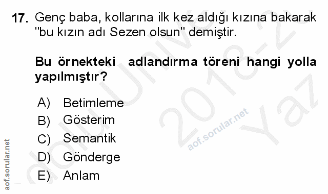 17. soru: Genç baba, kollarına ilk kez aldığı kızına bakarak "bu kızın adı Sezen olsun" demiştir. Bu örnekteki adlandırma tören…
