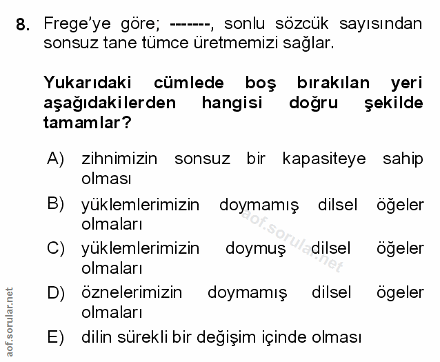 8. soru: Frege'ye göre; --, sonlu sözcük sayısından sonsuz tane tumce üretmemizi sağlar. Yukarıdaki cümlede boş bırakılan yeri…