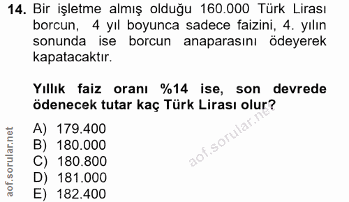 14. soru: Bir işletme almış olduğu 160.000 Türk Lirası borcun, 4 yıl boyunca sadece faizini, 4. yılın sonunda ise borcun anapar…
