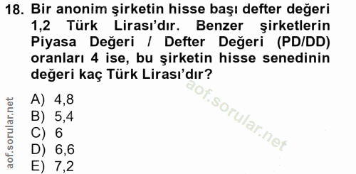 18. soru: Bir anonim şirketin hisse başı defter değeri 1,2 Türk Lirası'dır. Benzer şirketlerin Piyasa Değeri / Defter Değeri (P…