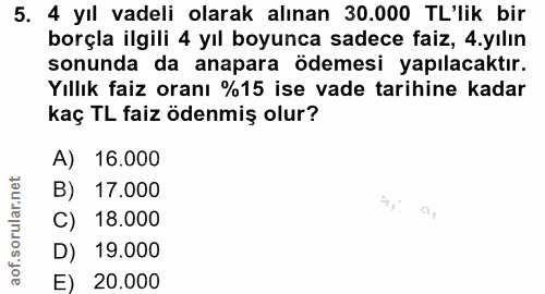 5. soru: 4 yıl vadeli olarak alınan 30.000 TL'lik bir borçla ilgili 4 yıl boyunca sadece faiz, 4.yılın sonunda da anapara ödem…