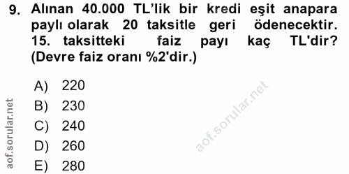 9. soru: Alınan 40.000 TL'lik bir kredi eşit anapara paylı olarak 20 taksitle geri ödenecektir. 15. taksitteki faiz payı kaç T…