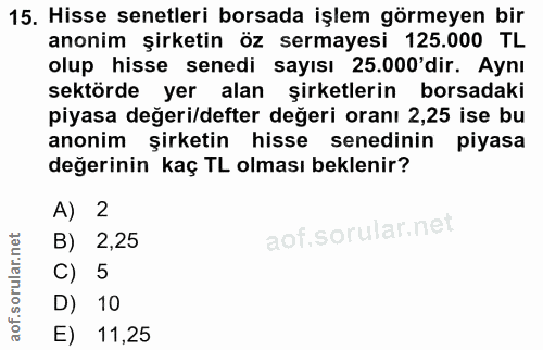15. soru: Hisse senetleri borsada işlem görmeyen bir anonim şirketin öz sermayesi 125.000 TL olup hisse senedi sayısı 25.000'di…