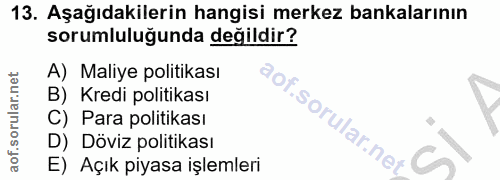 13. soru: Aşağıdakilerin hangisi merkez bankalarının sorumlulugunda değildir? A) Maliye politikası B) Kredi politikası C) Para…