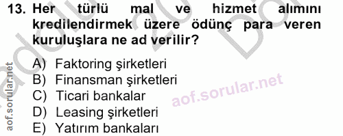 13. soru: Her türlü mal ve hizmet alımını kredilendirmek üzere ödünç para veren kuruluşlara ne ad verilir? A) Faktoring şirketl…