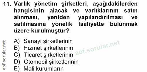11. soru: Varlık yönetim şirketleri, aşağıdakilerden hangisinin alacak ve varlıklarının satın alınması, yeniden yapılandırılmas…