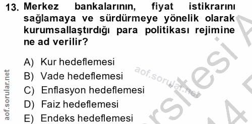 13. soru: Merkez bankalarının, fiyat istikrarını sağlamaya ve sürdürmeye yönelik olarak kurumsallaştırdığı para politikası reji…