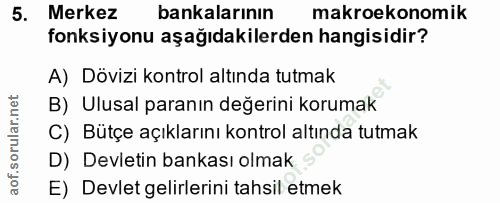 5. soru: Merkez bankalarının makroekonomik fonksiyonu aşağıdakilerden hangisidir? A) Dövizi kontrol altında tutmak B) Ulusal p…