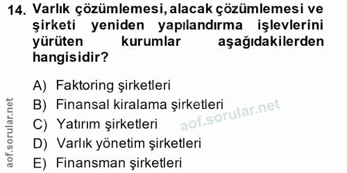 14. soru: Varlık çözümlemesi, alacak çözümlemesi ve şirketi yeniden yapılandırma işlevlerini yürüten kurumlar aşağıdakilerden h…