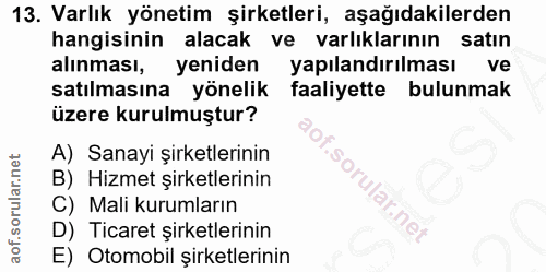 13. soru: Varlık yönetim şirketleri, aşağıdakilerden hangisinin alacak ve varlıklarının satın alınması, yeniden yapılandırılmas…