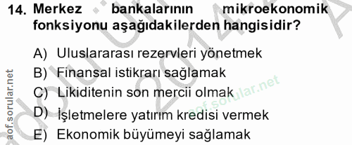 14. soru: Merkez bankalarının mikroekonomik fonksiyonu aşağıdakilerden hangisidir? A) Uluslararası rezervleri yönetmek C) Likid…
