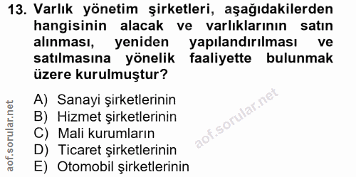 13. soru: Varlık yönetim şirketleri, aşağıdakilerden hangisinin alacak ve varlıklarının satın alınması, yeniden yapılandırılmas…