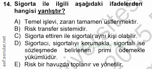 14. soru: Sigorta ile ilgili aşağıdaki ifadelerden hangisi yanlıştır? A) Temel işlevi, zararı tamamen üstlenmektir. B) Risk tra…