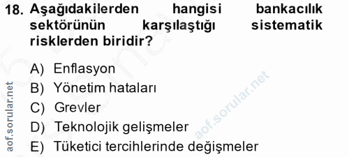 18. soru: Aşağıdakilerden hangisi bankacılık sektörünün karşılaştığı sistematik risklerden biridir? A) Enflasyon ar.net B) Yöne…