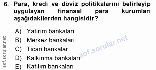 6. soru: Para, kredi ve döviz politikalarını belirleyip uygulayan finansal para kurumları aşağıdakilerden hangisidir? A) Yatır…