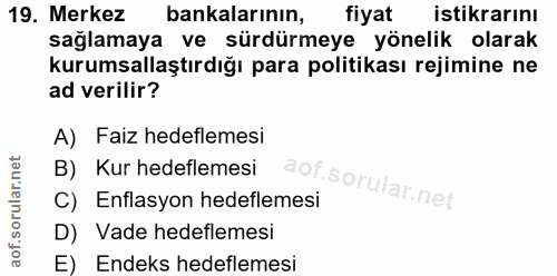 19. soru: Merkez bankalarının, fiyat istikrarını sağlamaya ve sürdürmeye yönelik olarak kurumsallaştırdığı para politikası reji…
