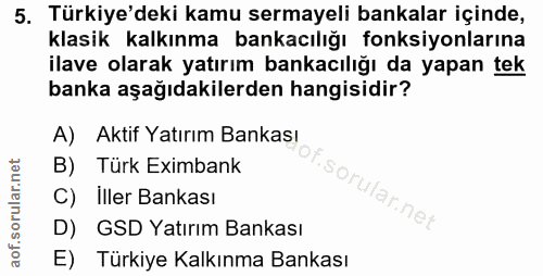 5. soru: Türkiye'deki kamu sermayeli bankalar içinde, klasik kalkınma bankacılığı fonksiyonlarına ilave olarak yatırım bankacı…