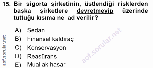 15. soru: Bir sigorta şirketinin, üstlendiği risklerden başka şirketlere devretmeyip üzerinde tuttuğu kısıma ne ad verilir? A)…